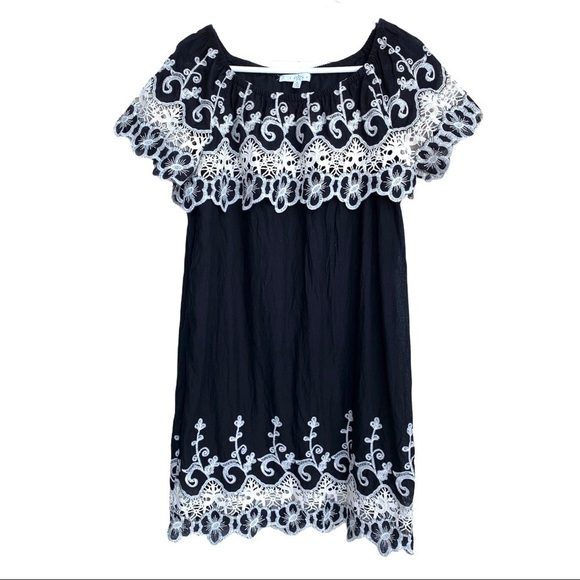 Fever Black Embroidered Ruffle off the Shoulder Dress Size Small Boho - Picture 2 of 15